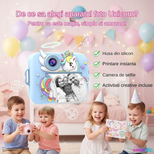 Smartic Cameră Pentru Copii HD 1080p Rezoluție Baterie 1100mAh Ecran 2.4 Inch Card Memorie 32 Gb Funcție Imprimare Instantanee 4 Jocuri 4 Role de Imprimare Mp3 Mod Selfie 6 Markere
