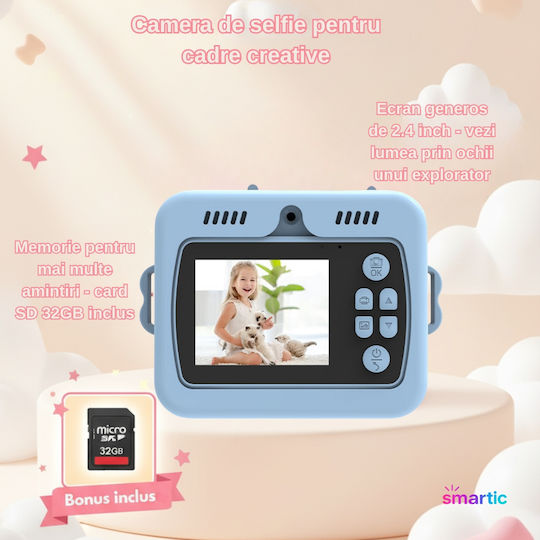 Smartic Cameră Pentru Copii HD 1080p Rezoluție Baterie 1100mAh Ecran 2.4 Inch Card Memorie 32 Gb Funcție Imprimare Instantanee 4 Jocuri 4 Role de Imprimare Mp3 Mod Selfie 6 Markere