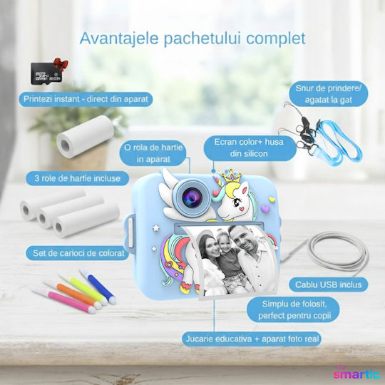 Smartic Cameră Pentru Copii HD 1080p Rezoluție Baterie 1100mAh Ecran 2.4 Inch Card Memorie 32 Gb Funcție Imprimare Instantanee 4 Jocuri 4 Role de Imprimare Mp3 Mod Selfie 6 Markere