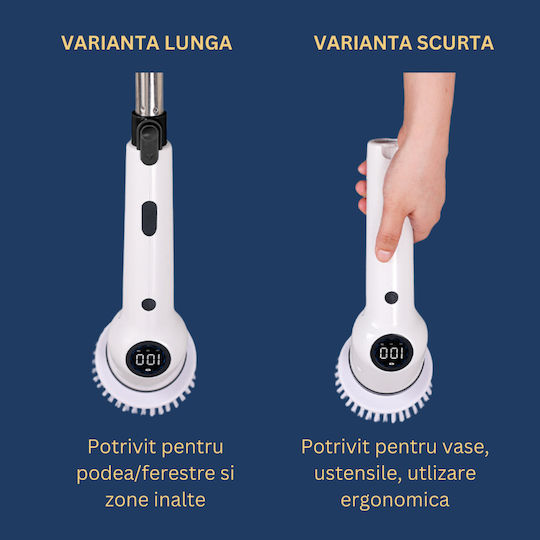 Perie Electrică Rotativă Curățare Eficientă Inco Multifuncțională Fără Fir Mâner Extensibil Afișaj Digital Lcd 9 Capete Diferite Suprafețe Diverse 3 Viteze Reglabile Usb Tip-c Baterie Reîncărcabilă 2500mah Baterie Albă