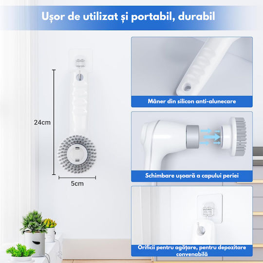 Perie Electrică Rotativă Curățare Eficientă Fără Efort Inco Multifuncțională Fără Fir Mâner Fix Afișaj Digital Lcd 7 Capete Diferite Suprafețe Variate 2 Viteze Reglabile Usb Tip-c Baterie Reîncărcabilă 2500mah Viteză 450 Rpm Albă