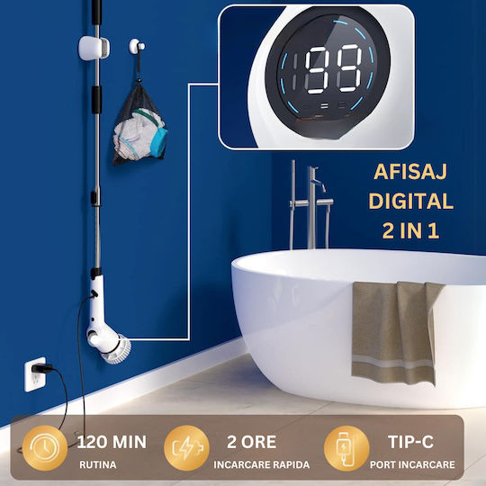 Perie Electrică Rotativă Curățare Eficientă Inco Multifuncțională Fără Fir Mâner Extensibil Afișaj Digital Lcd 9 Capete Diferite Suprafețe Diverse 3 Viteze Reglabile Usb Tip-c Baterie Reîncărcabilă 2500mah Baterie Albă