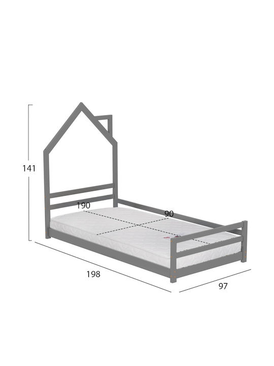 Pat Pentru Copii Single Gri Pentru Saltea 90x190cm
