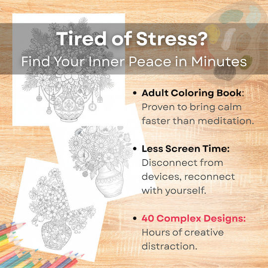 Anti-stress Coloring Book Adults – Mandala Style Flower Vases Thick Pages 40 Illustrations Obro