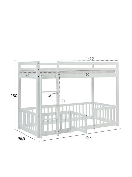 Pat Pentru Copii Tip Loft Bed Single Alb Cu Saltea 90x190cm