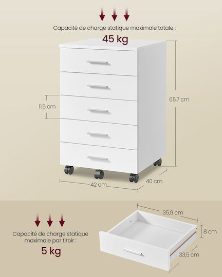 Office Storage Drawer with Wheels & Drawers Λευκό Χρώμα L40xW42xH65.7cm