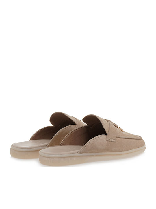Flat Suede Mules in Beige Color