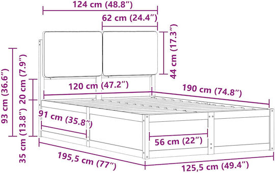 Pat Semi-dublu Din Lemn Masiv Gri Deschis Cu Plăci Potrivit Pentru Saltea 120x190cm