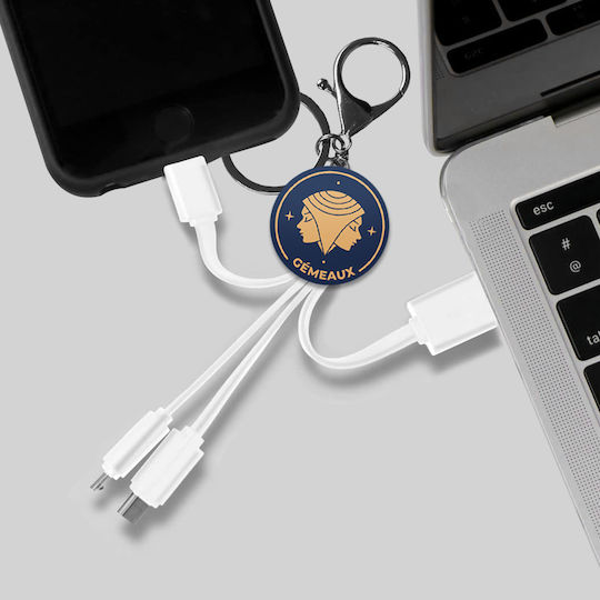Yello Koko Cable Usb 3 In 1 Micro-usb Usb-c Lightning Design Astrology Gemini Keyring White