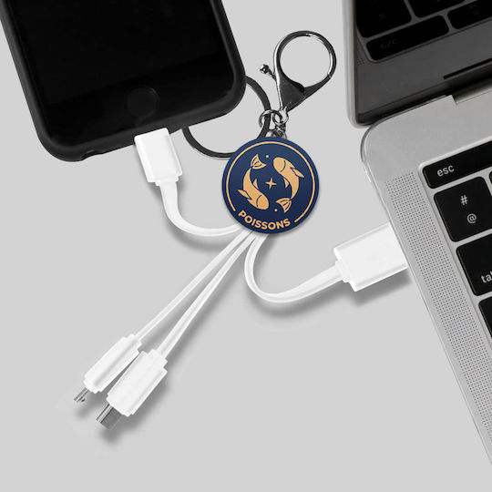 Yello Koko Cable Usb 3 In 1 Micro-usb Usb-c Lightning Design Astrology Pisces Keyring White