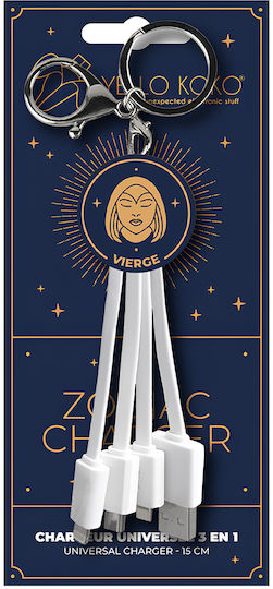Yello Koko Cablu Usb 3 În 1 Micro-usb Usb-c Lightning Design Astrology Virgo Breloc Chei Alb