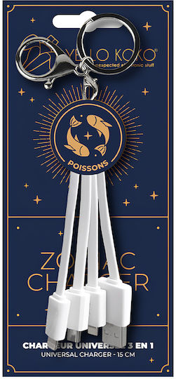 Yello Koko Cable Usb 3 In 1 Micro-usb Usb-c Lightning Design Astrology Pisces Keyring White