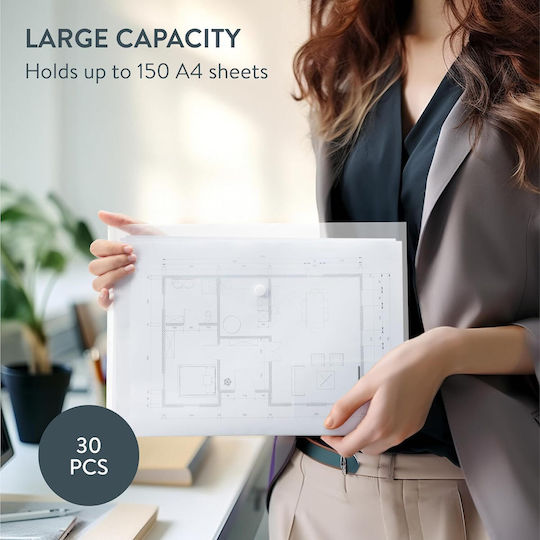 Hands Document Folder Set 30 Pcs A4 Size Plastic 33.5 X 23.5 Cm Clasp Closure Reusable Transparent