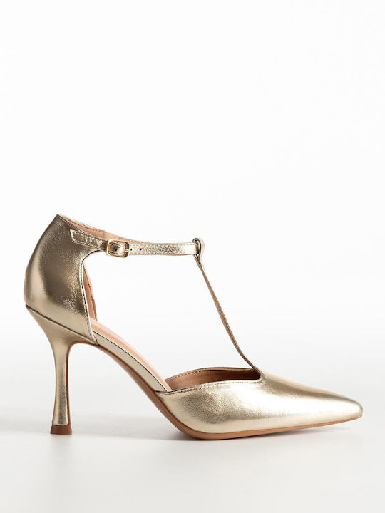 Synthetic Leather Pointed Toe Stiletto Gold High Heels with Strap