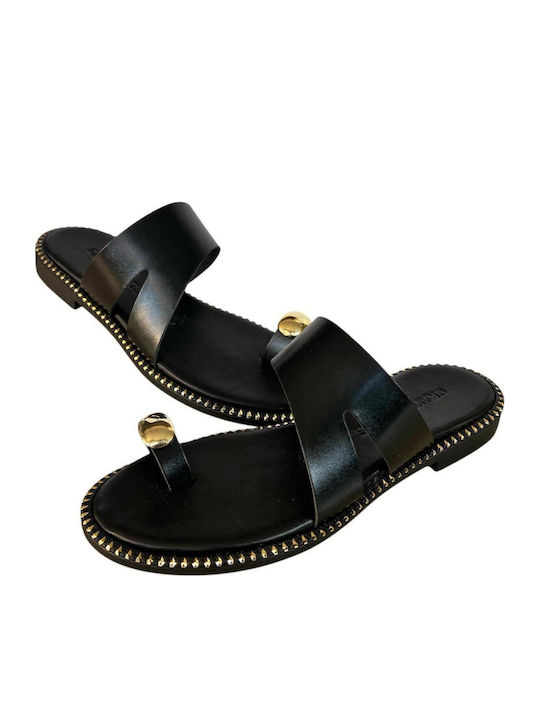 Leather Women's Flat Sandals in Black Color