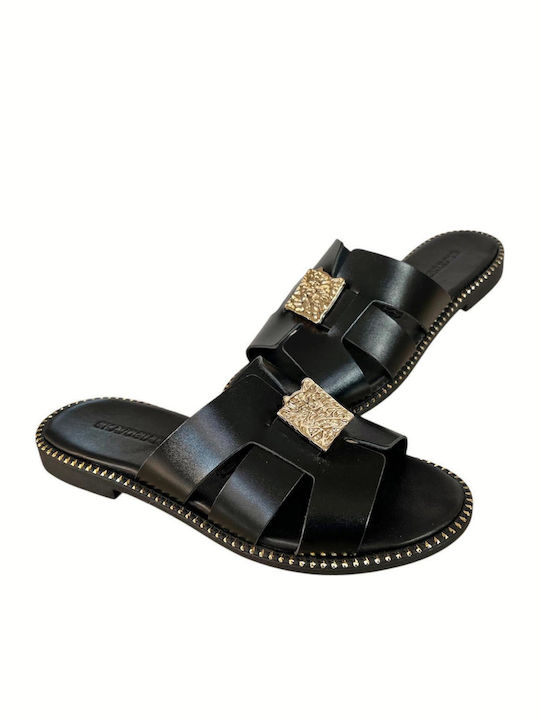 Leather Women's Flat Sandals in Black Color
