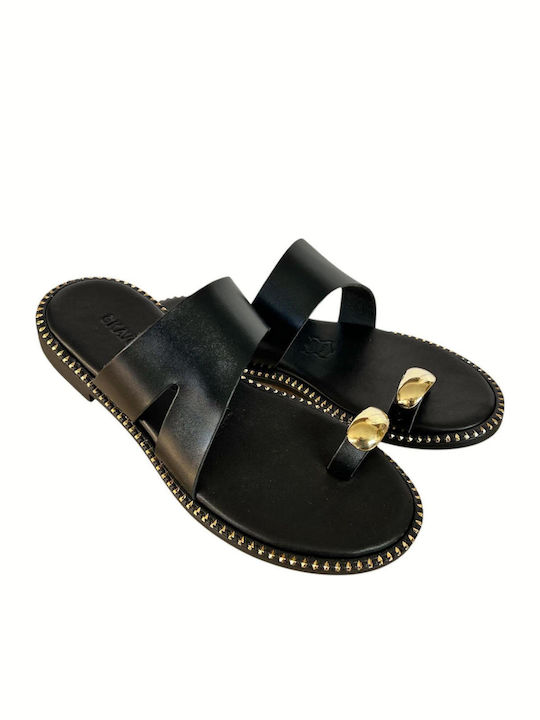 Leather Women's Flat Sandals in Black Color