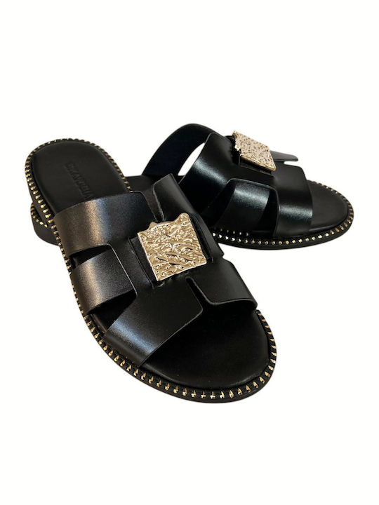 Leather Women's Flat Sandals in Black Color