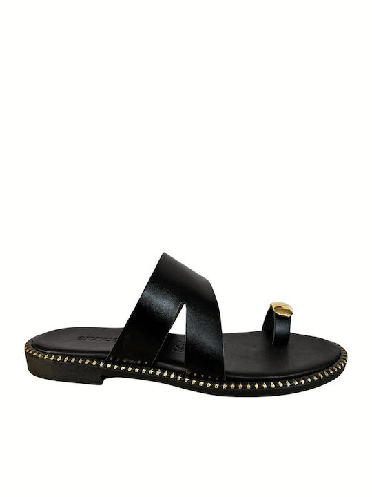 Leather Women's Flat Sandals in Black Color