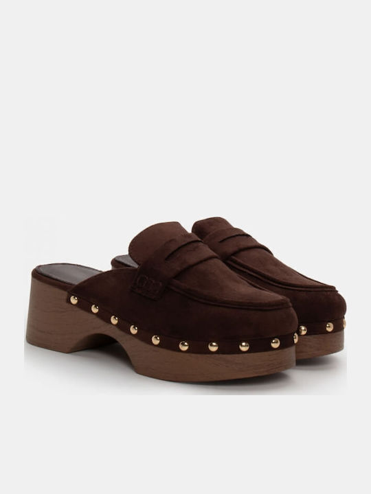 Suede Mules με Χαμηλό Τακούνι σε Καφέ Χρώμα