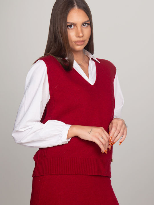 Winter Women's Sleeveless Tunic with V-Neck Dark Red