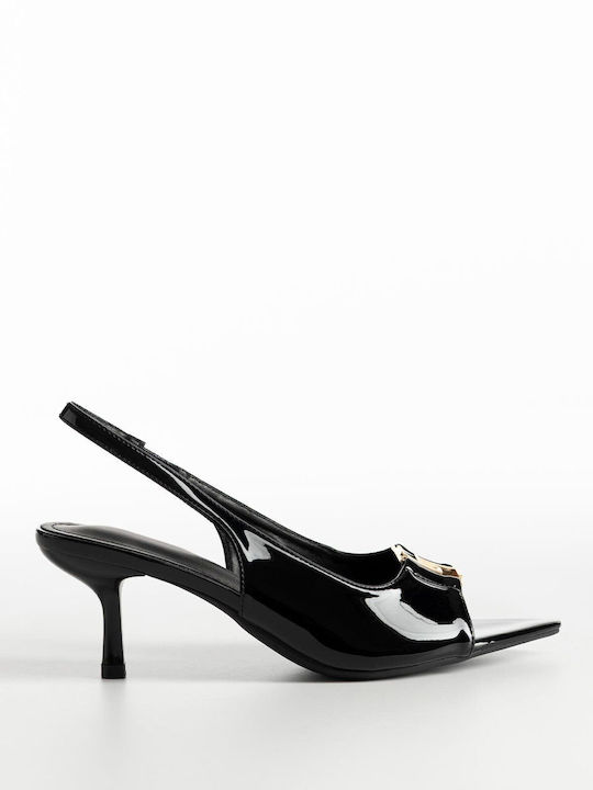 Peep Toe Γόβες από Λουστρίνι με Λεπτό Μεσαίο Τακούνι Μαύρες