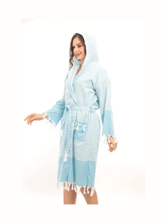 SteweHome Blaues Damen Bademantel mit Kapuze Dünn 100% Baumwolle S M