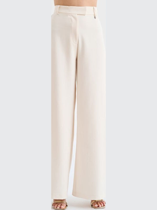 Women's High-waisted Fabric Trousers Ecru