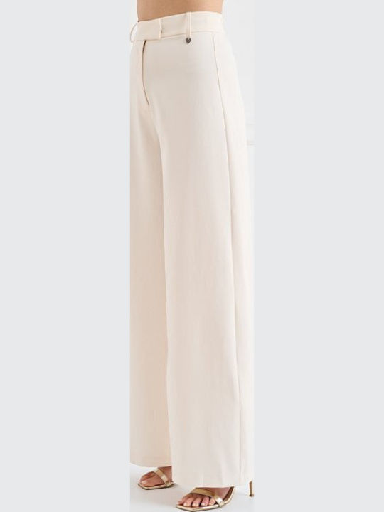 Women's High-waisted Fabric Trousers Ecru