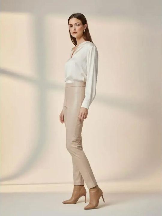 Women's High-waisted Fabric Trousers Loose Fit Beige