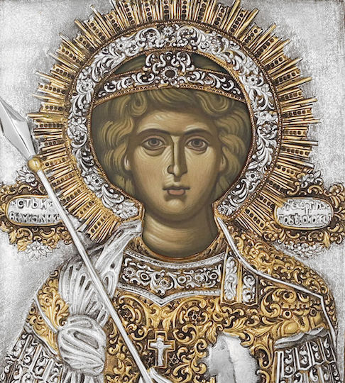 St. Georg Russische Silberne Heiligenikone Mit Goldüberzug 36x22cm