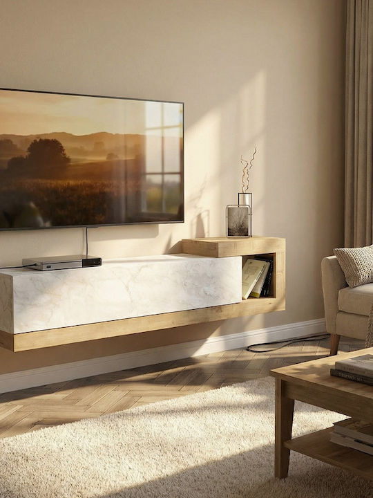 TV Stand Volare Made of Metal & Wood White Marble Effect - Sapphire Oak L150xD29.6xH38.6cm