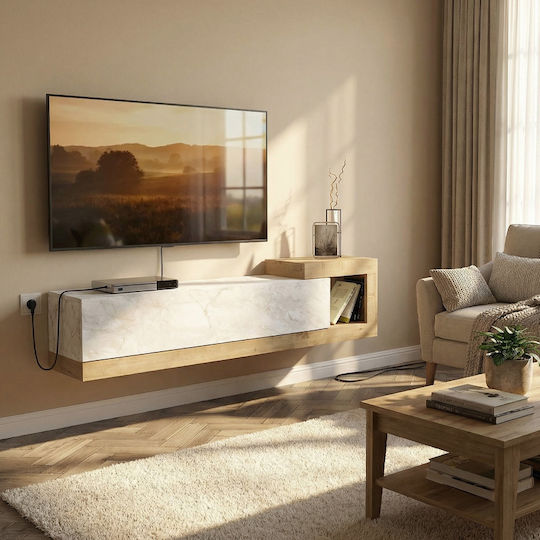 Телевизионно Мебелче Volare от Метал и Дърво Бял Мраморен Ефект - Sapphire Oak Д150xД29.6xВ38.6см