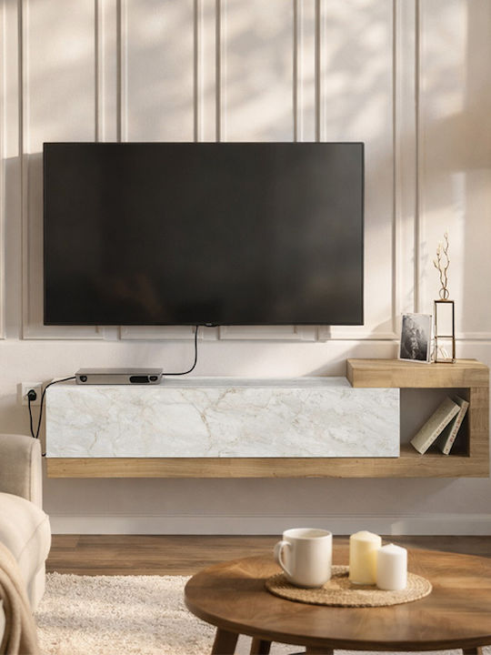 TV Stand Volare Made of Metal & Wood White Marble Effect - Sapphire Oak L150xD29.6xH38.6cm