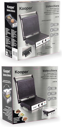 Kooper Tabletop Electric Grill Ribbed Plate 2000W Inox with Lid and Adjustable Thermostat