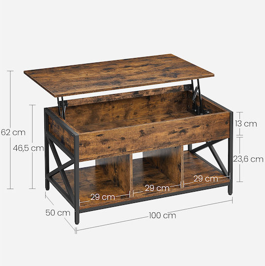 Rectangular Central Wooden Coffee Table with Lifting Mechanism Rustic Brown Black W100xD50xH49cm