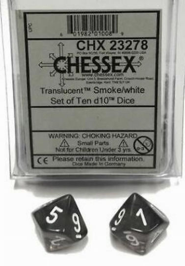 Комплект от десет прозрачни зарове Chessex в цвят димно бяло D10s 23278