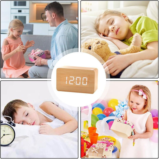 Uncle George Tabletop Digital LED Clock Wooden with Alarm Clock Beige 01.06.04-0003-MPEZ