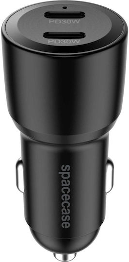 Spacecase Încărcător Auto 60W Încărcare Rapidă cu Porturi: 2xType-C Negru Culoare