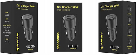 Spacecase Încărcător Auto 60W Încărcare Rapidă cu Porturi: 2xType-C Negru Culoare