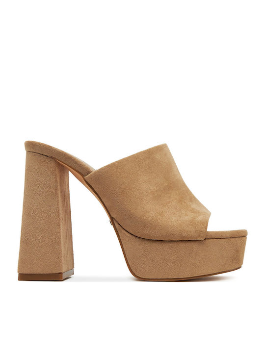 Damen Pantoletten mit Chunky Hoch Absatz in Beige Farbe