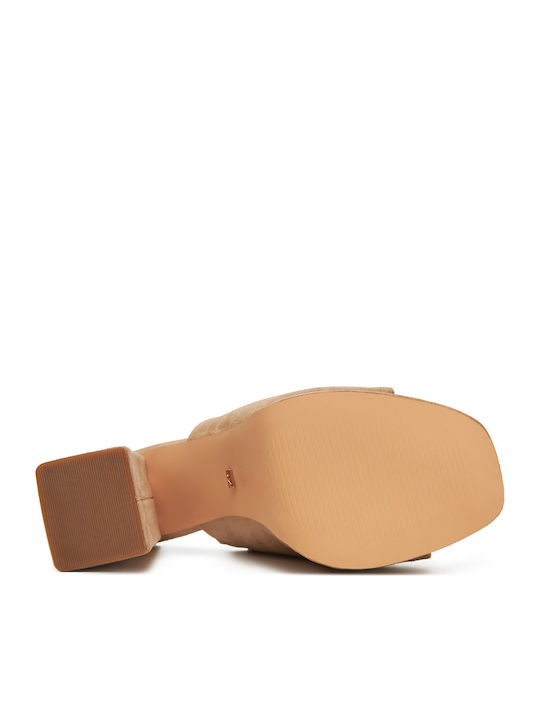 Damen Pantoletten mit Chunky Hoch Absatz in Beige Farbe