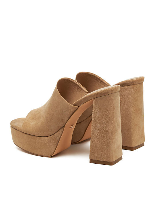 Damen Pantoletten mit Chunky Hoch Absatz in Beige Farbe