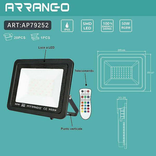 Arrango Στεγανός Προβολέας LED 50W RGBW IP65