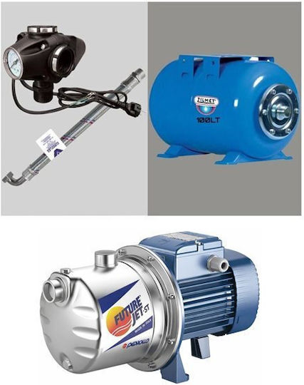 Pedrollo MONTAGE JCRm 2A + Single Phase Water Pressure Pump with Horizontal 100 Litre Container 1.25hp