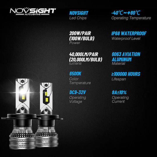 NovSight Lamps Car H4 LED 6500K Cold White 12-24V / 9-32V 100W 2pcs