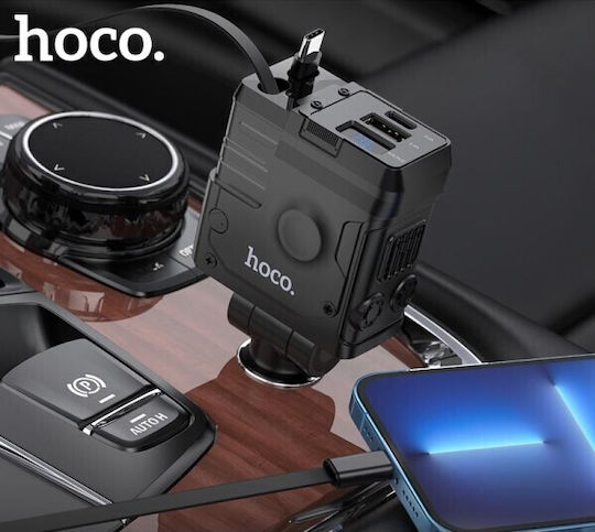 Hoco DZ23 Handy-Autoladegerät 45W 2.4A Schnellladen mit Anschlüssen 1xUSB-A 1xType-C mit Eingebettet Kabel Typ-C Lightning Schwarz Farbe