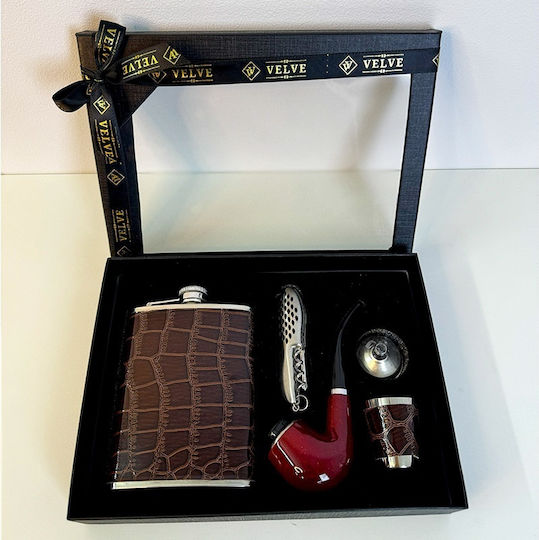 Set Cadou Bărbați Velve Ploscă Pipă Pâlnie Pahar Cuțit de Buzunar În Cutie Elegantă