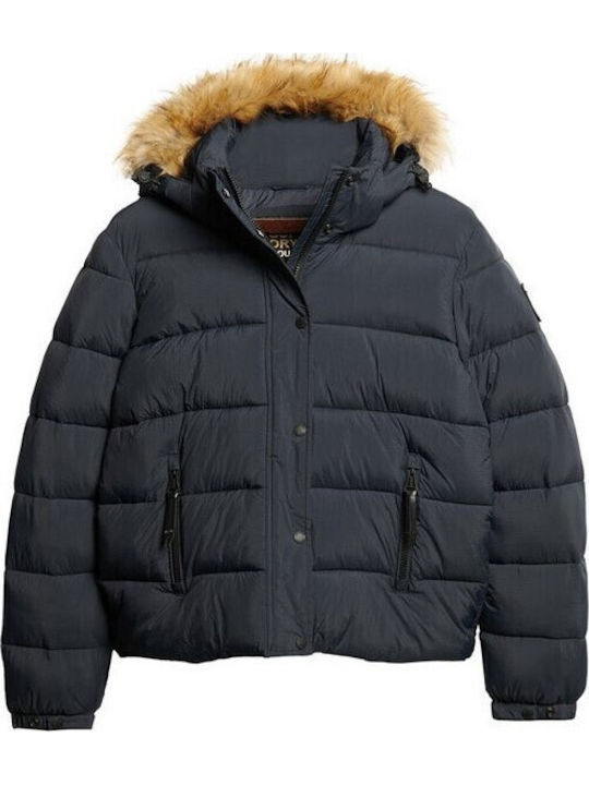 Short Women's Puffer Jacket for Winter Navy Blue