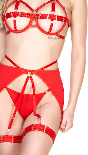 Set Bra Adjustable Strings Thong Panties Garters Stockings Red